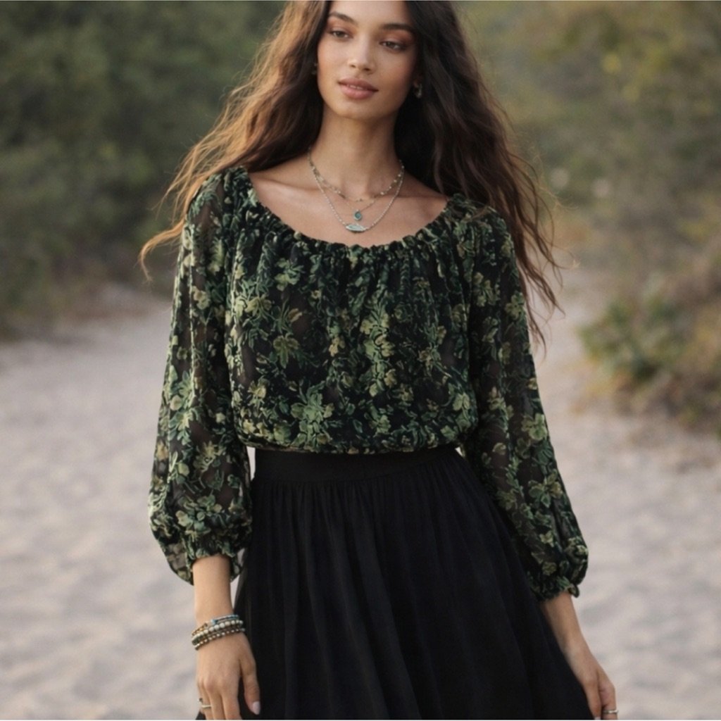 By Anthropologie Off-Shoulder Burnout Velvet Blouse Green Floral Sz Xlarge